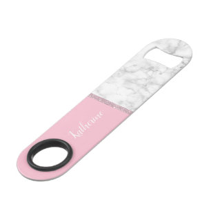 Elegant girly rose gold glitter white marble pink speed bottle opener