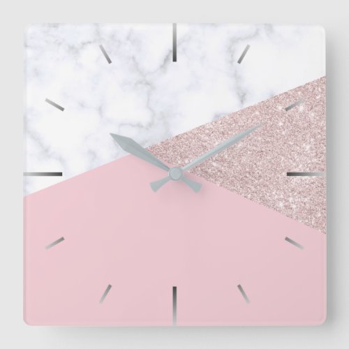 Elegant girly rose gold glitter white marble pink square wall clock