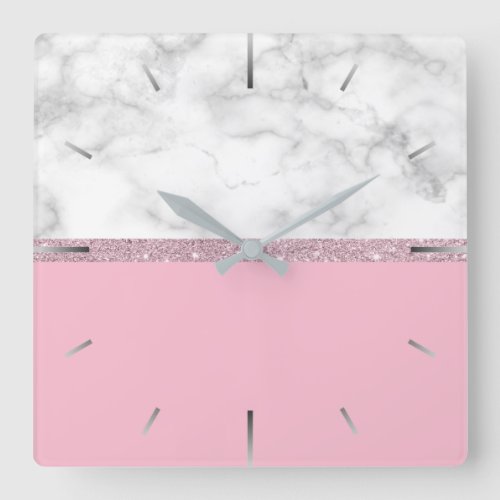 Elegant girly rose gold glitter white marble pink square wall clock