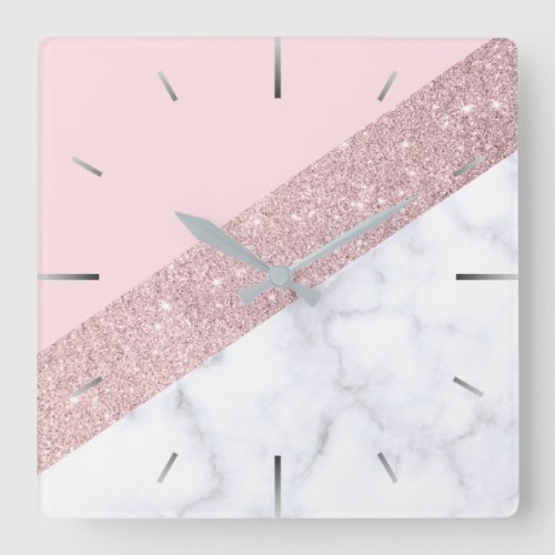 elegant girly rose gold glitter white marble pink square wall clock