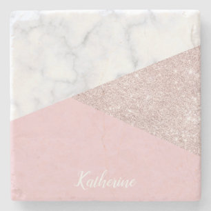 Elegant girly rose gold glitter white marble pink stone coaster