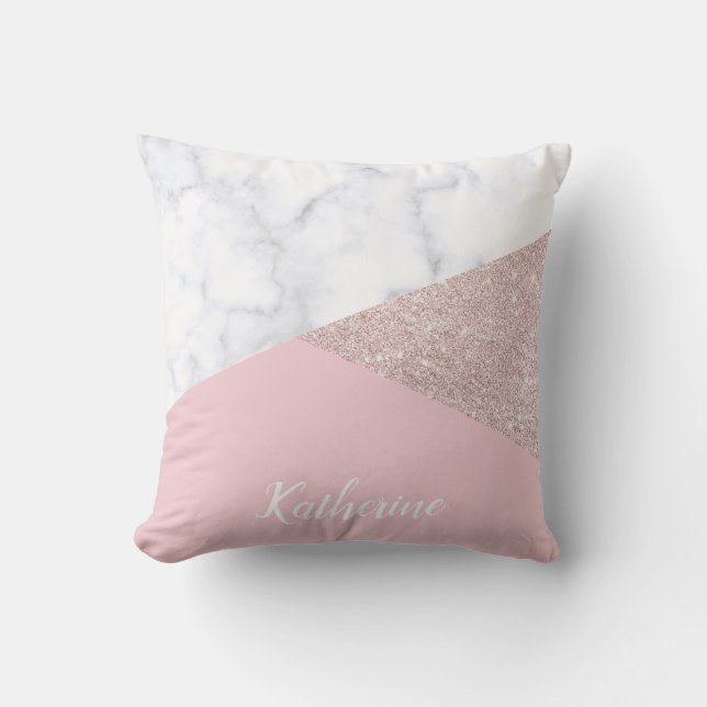 Elegant girly rose gold glitter white marble pink throw pillow (Front)