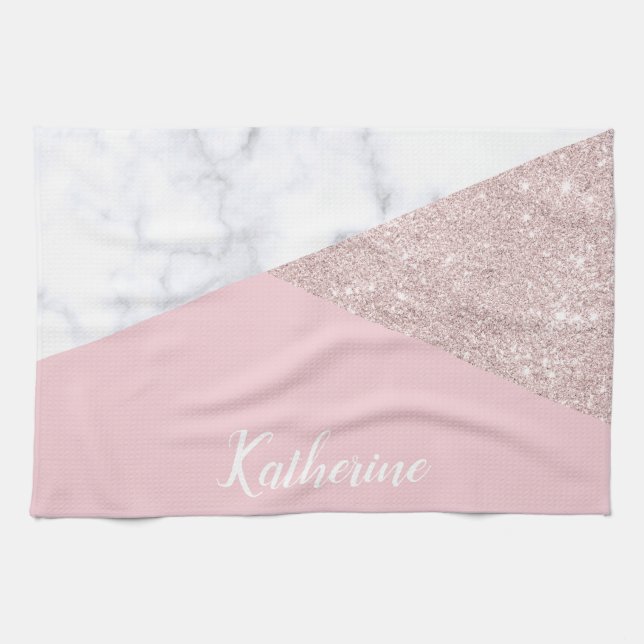 Elegant girly rose gold glitter white marble pink towel (Horizontal)