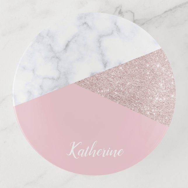 Elegant girly rose gold glitter white marble pink trinket tray (Front)
