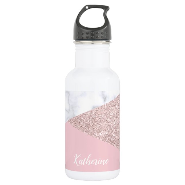Elegant girly rose gold glitter white marble pink water bottle (Front)