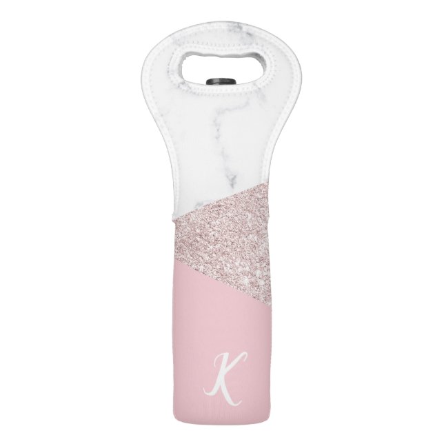Elegant girly rose gold glitter white marble pink wine bag (Front)