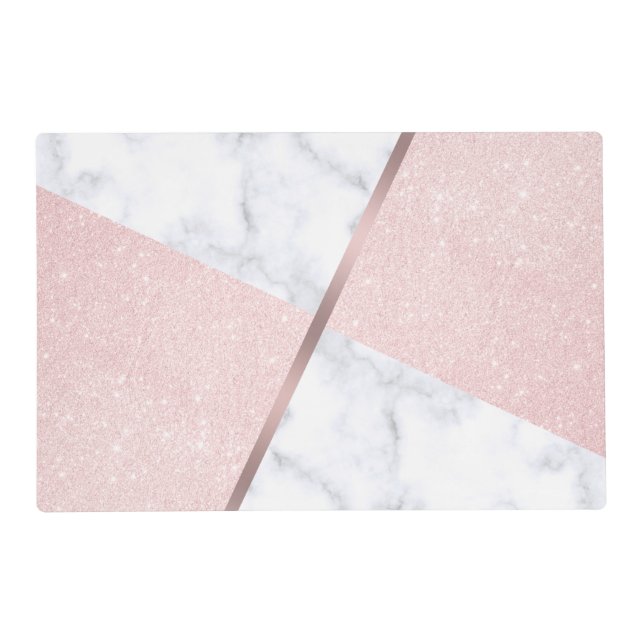 Elegant girly rose gold glitter & white marble placemat (Front)