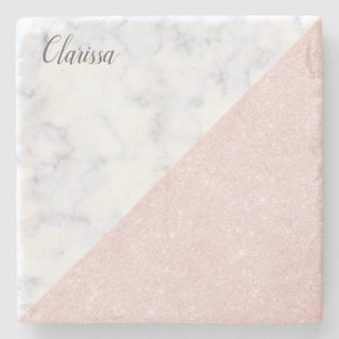 Elegant girly rose gold glitter & white marble stone coaster