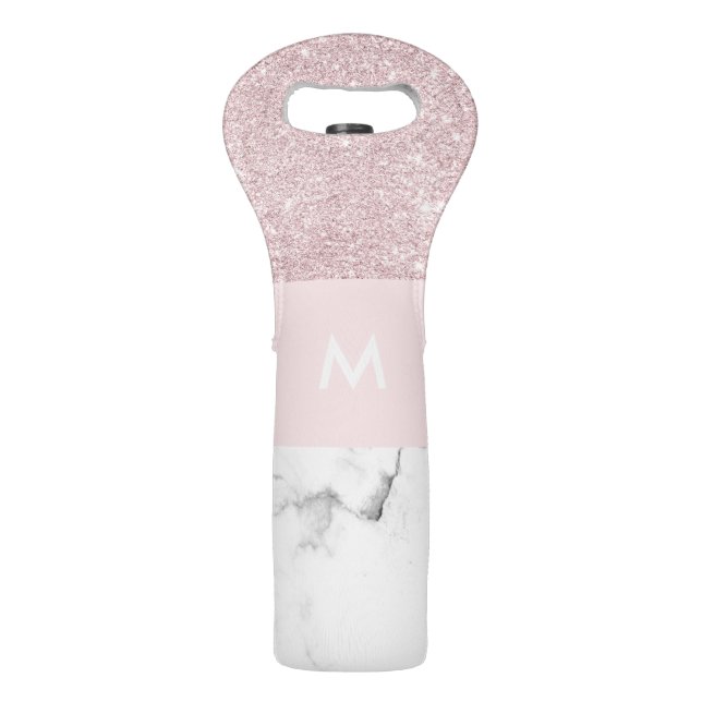 Elegant girly rose gold glitter & white marble wine bag (Front)