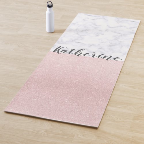 Elegant girly rose gold glitter  white marble yoga mat