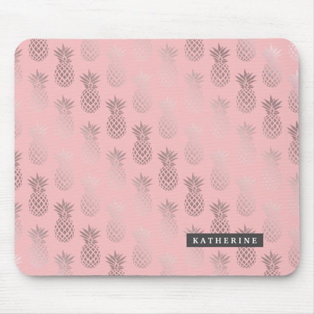 Elegant girly rose gold & pink pineapple pattern mouse pad (Front)