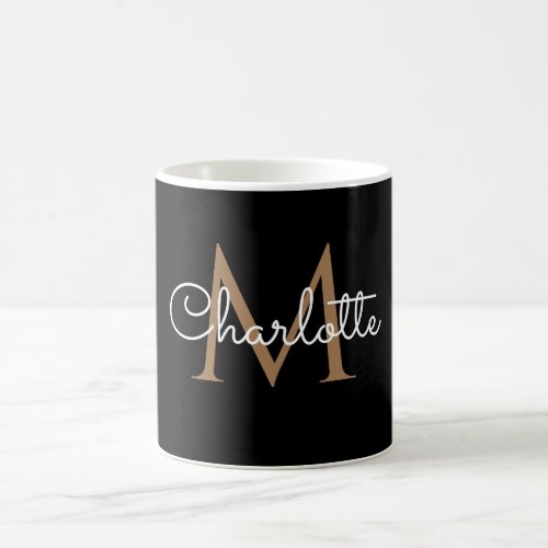 Elegant Girly Script Black Gold Monogram Coffee Mug