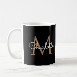 Elegant Girly Script Black Gold Monogram Coffee Mug