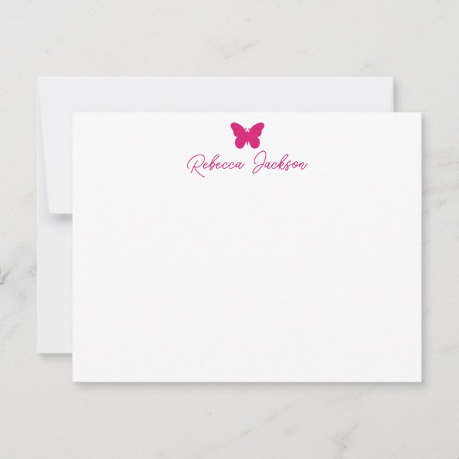 Elegant Girly Script Name Magenta Pink Butterfly Note Card (Front)