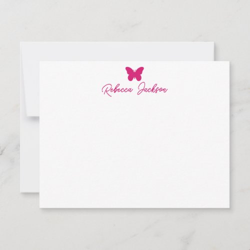 Elegant Girly Script Name Magenta Pink Butterfly Note Card