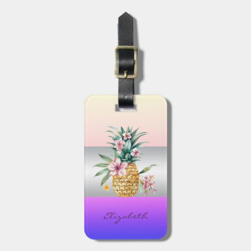 Elegant Girly StripeFloral Pineapple Luggage Tag