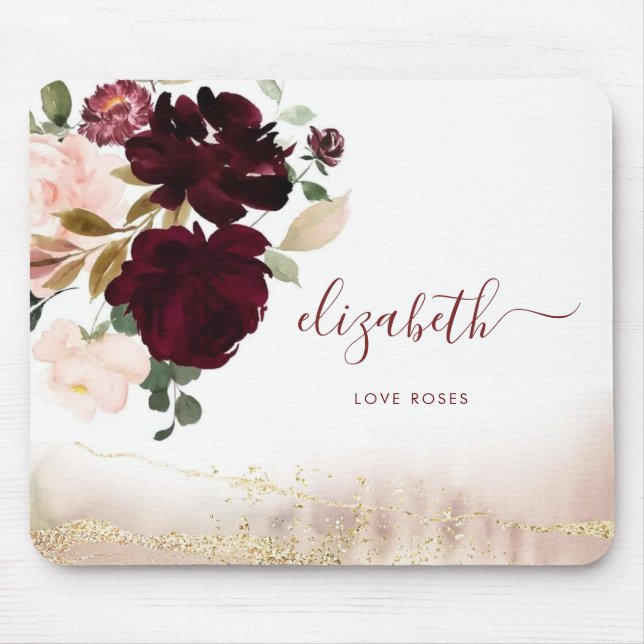 Elegant Girly Stylish Gold Glitter Floral Monogram Mouse Pad (Front)