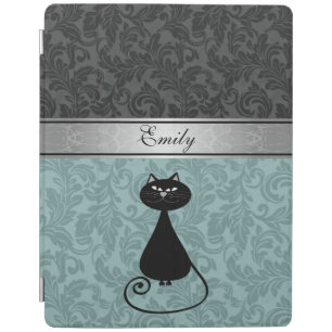 Elegant girly trendy damask black cat monogram iPad smart cover