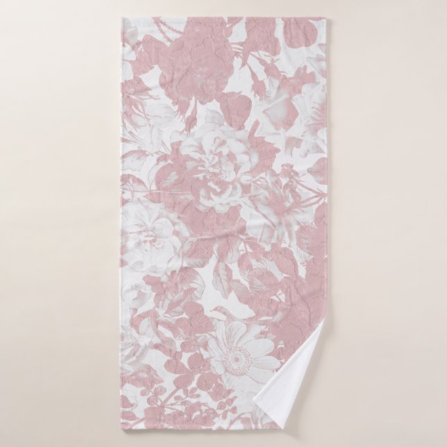 Elegant girly trendy pink coral white floral lace bath towel (Bath Towel)