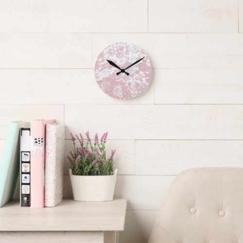 Elegant girly trendy pink coral white floral lace round clock