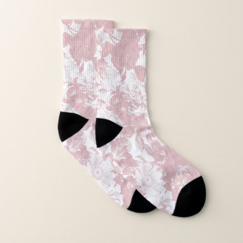 Elegant girly trendy pink coral white floral lace socks