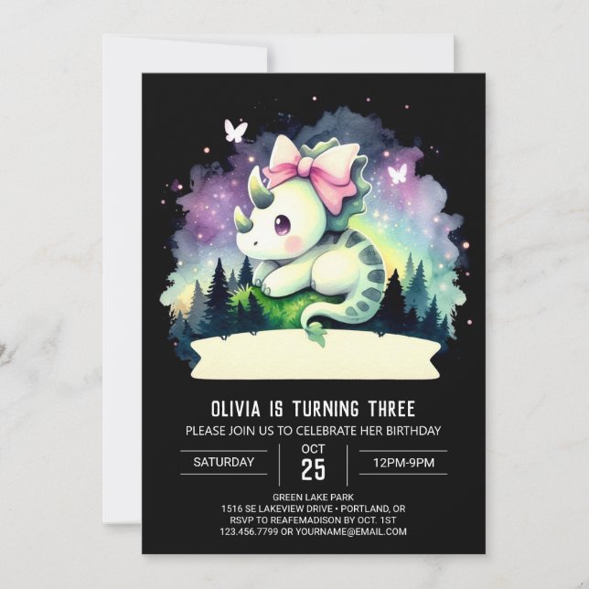 Elegant Girly Triceratops Birthday Invitation (Front)