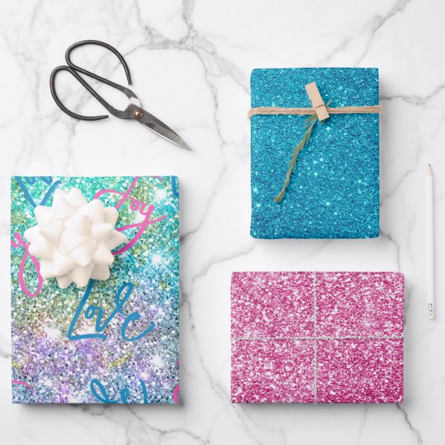 Elegant girly turquoise iridescent glitter rainbow wrapping paper sheets (Front)