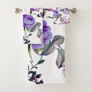 Elegant Girly Violet Lilac Purple Flowers Bath Towel Set