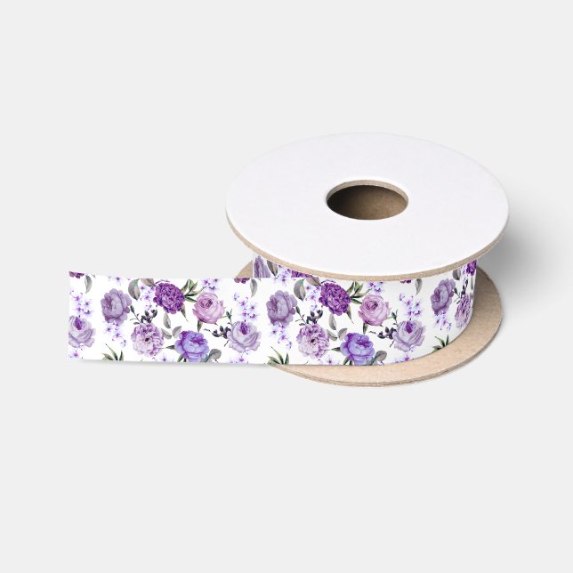 Elegant Girly Violet Lilac Purple Flowers Satin Ribbon (Spool)