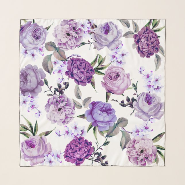 Elegant Girly Violet Lilac Purple Flowers Scarf (Front)