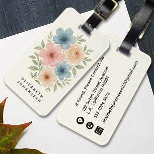 Elegant Girly Watercolor Blue Beige & Pink Flowers Luggage Tag
