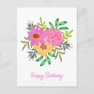 Elegant Girly Watercolour Floral Bouquet Birthday Postcard
