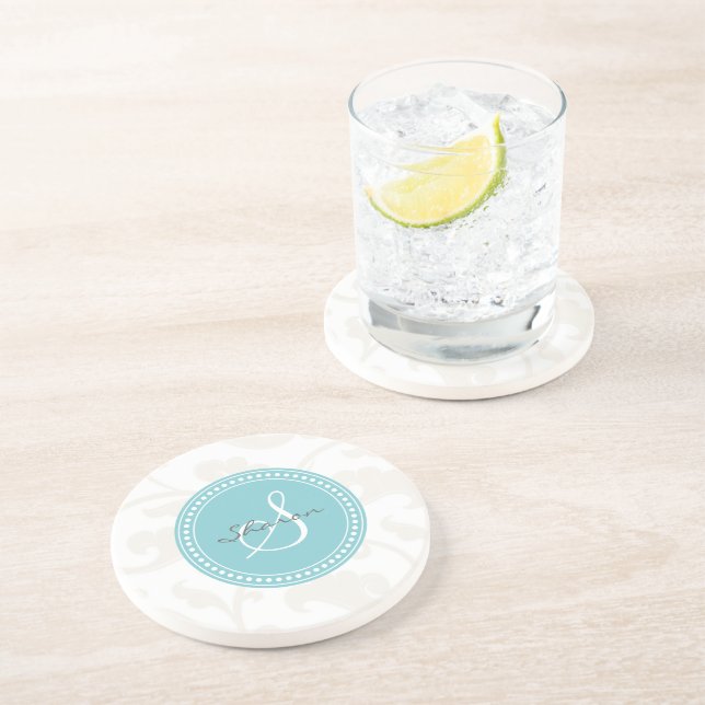 Elegant girly white floral pattern monogram drink coaster (Side)