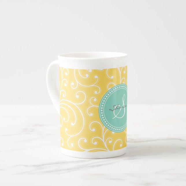Elegant girly yellow floral pattern monogram bone china mug (Front Left)