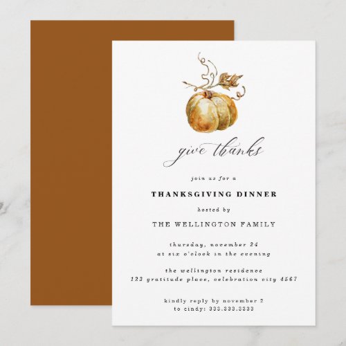 Elegant Give Thank Watercolor Pumpkin Thanksgiving Invitation