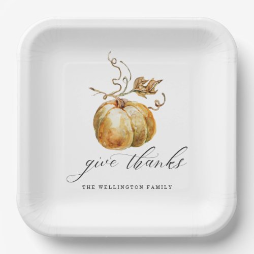 Elegant Give Thank Watercolor Pumpkin Thanksgiving Paper Plates
