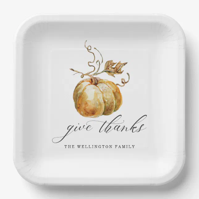 Elegant Give Thank Watercolor Pumpkin Thanksgiving Paper Plates | Zazzle
