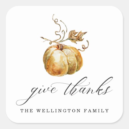 Elegant Give Thank Watercolor Pumpkin Thanksgiving Square Sticker