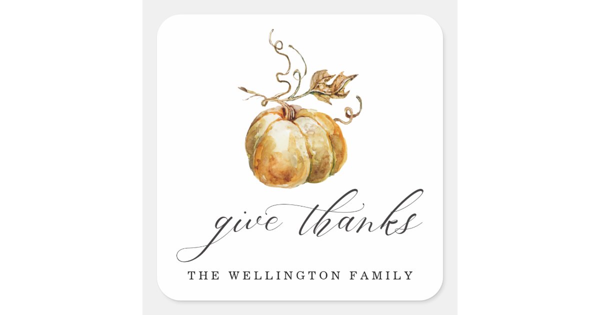 Elegant Give Thank Watercolor Pumpkin Thanksgiving Square Sticker | Zazzle