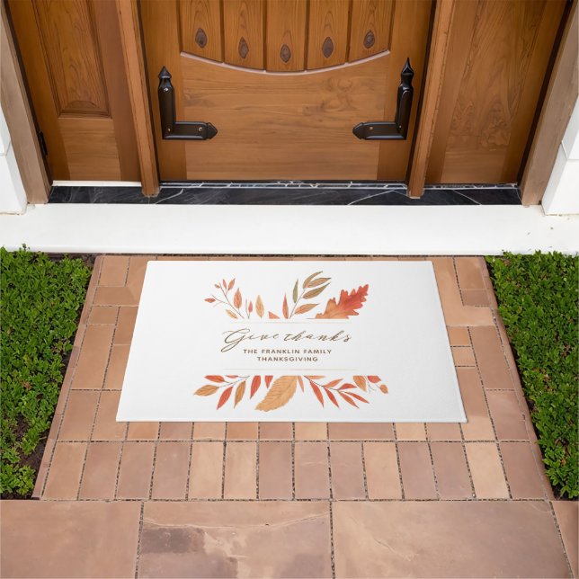 Elegant Give Thanks Autumn Leaves Thanksgiving Doormat (Outdoor)
