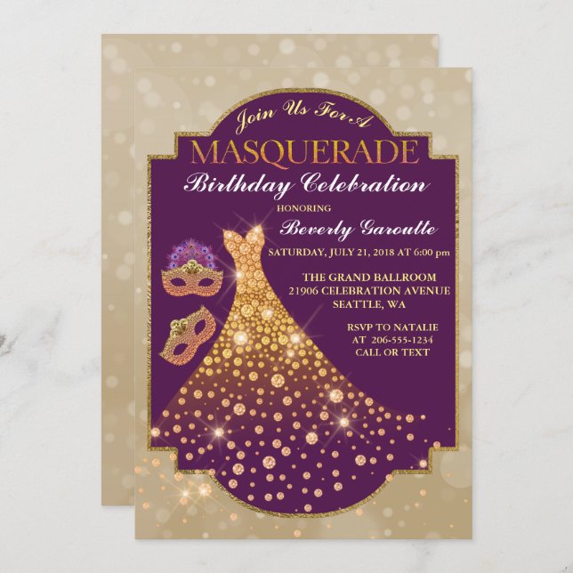 Elegant Glam Birthday Masquerade Invitation (Front/Back)