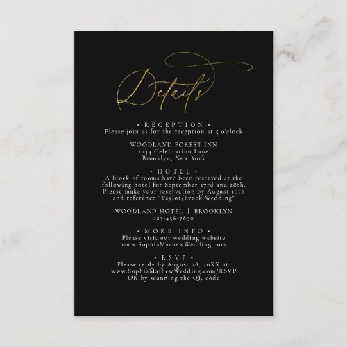 Elegant Glam Black and Gold Wedding Details Enclosure Card