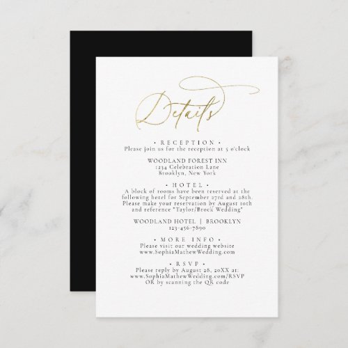Elegant Glam Black and Gold White Wedding Details Enclosure Card