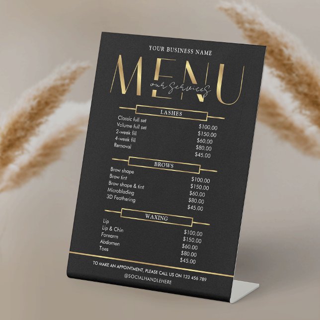 Elegant Glam Black & Gold Business Price List Menu Pedestal Sign (Black and gold effect business price list menu table top acrylic sign)