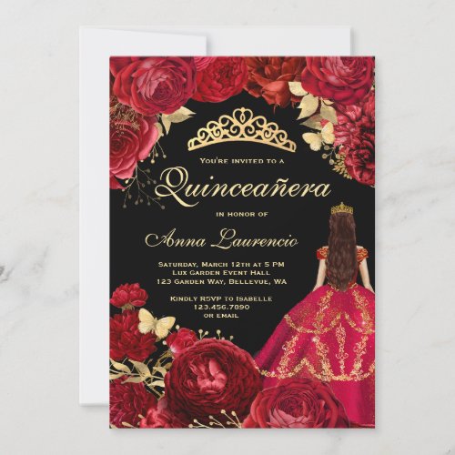Elegant Glam Black Gold Red Quinceanera Invitation