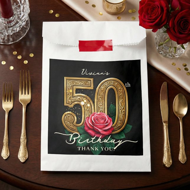 Elegant Glam Black Gold Red Rose 50th Birthday Favor Bag (Creator Uploaded)