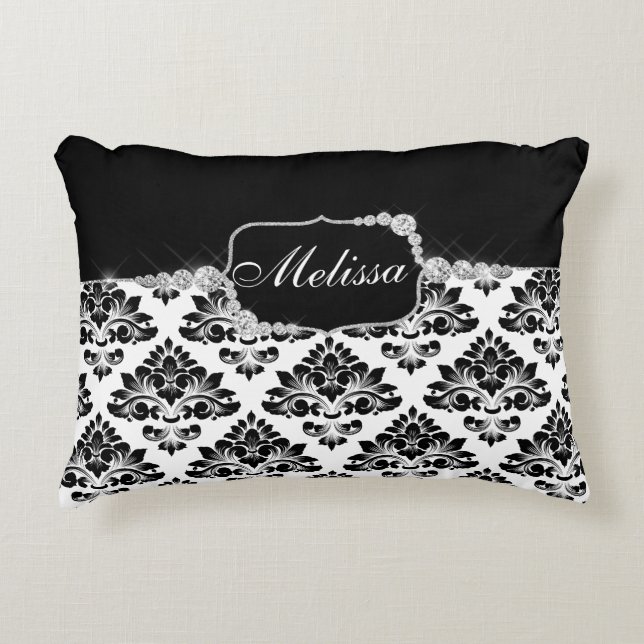 Elegant Glam Black White Damask Diamonds Accent Pillow (Front)