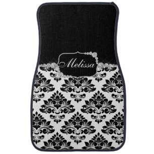 Elegant Glam Black White Damask Diamonds Car Floor Mat