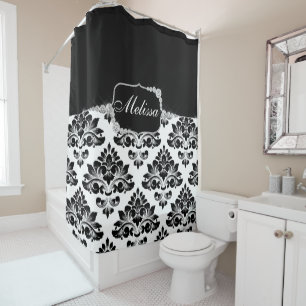 Elegant Glam Black White Damask Diamonds Shower Curtain