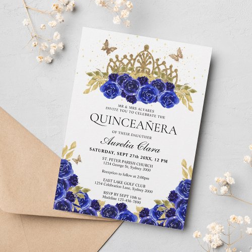 Elegant Glam Blue Floral Gold Tiara Quinceanera Invitation